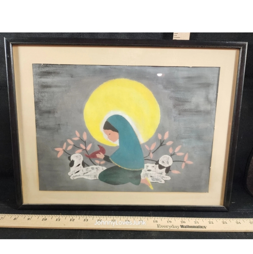 Vintage Religious Art Print Portrait Young Girl Lambs Unsigned